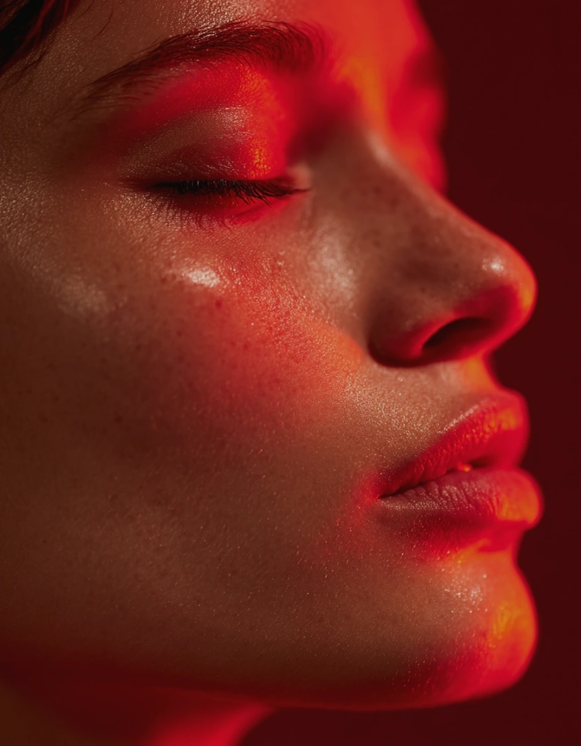 Woman with eyes closed sitting calmly under red light therapy